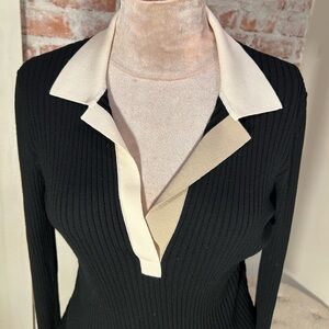 Akris Punto black ribbed collared fitted stretch v neck wool sweater size 10